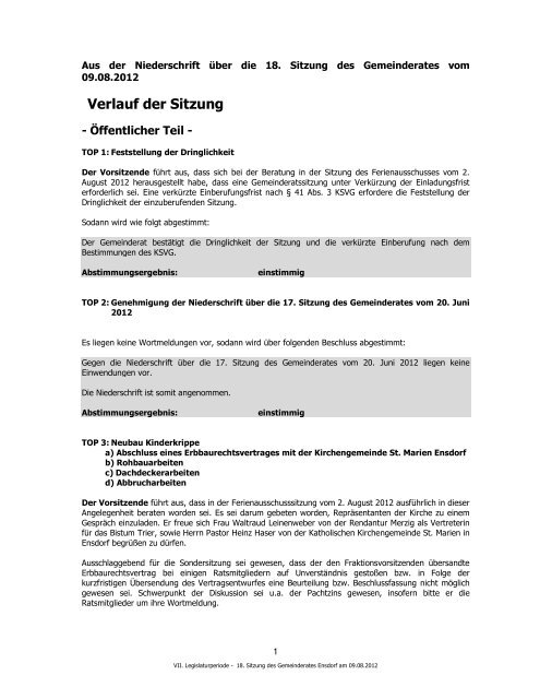 Verlauf der Sitzung - Gemeinde Ensdorf