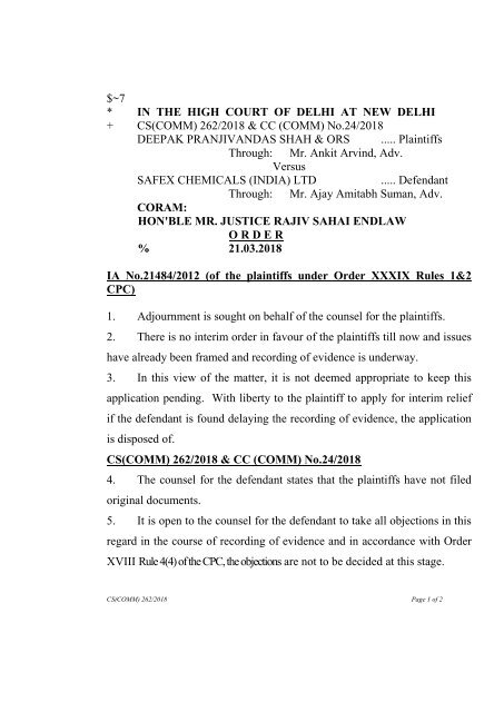 Deepak Pranjiwandas Vs Safex Endlaw ipr lawyer & poet delhi high court, india mobile:9990389539. www yumpu com