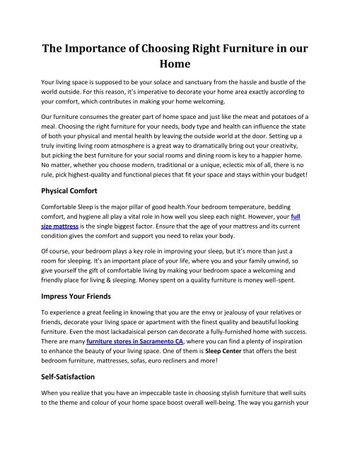 The Importance of Choosing Right Furniture in our Home