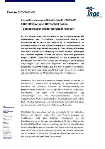 Ultrafiltration und Ultraschall sollen Textilabwasser wieder ... - Inge AG