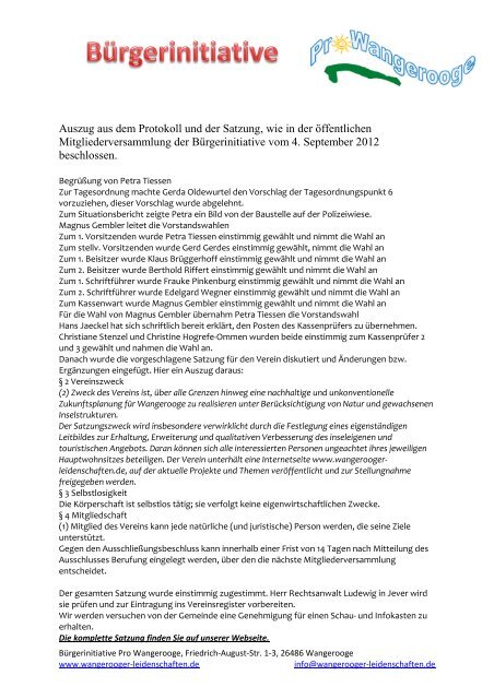 Auszug Aus Dem Protokoll Und Der Satzung Wie In Wangerooge