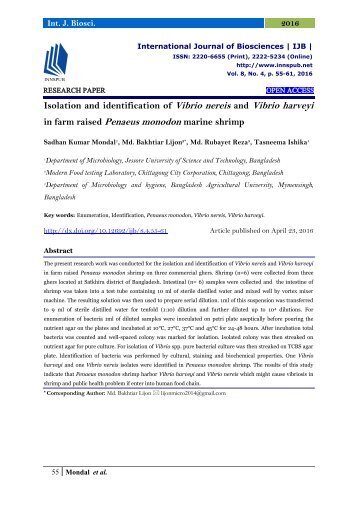 Isolation and Identification of Vibrio nereis and Vibrio harveyi in farm raised Penaeus monodon marine shrimp