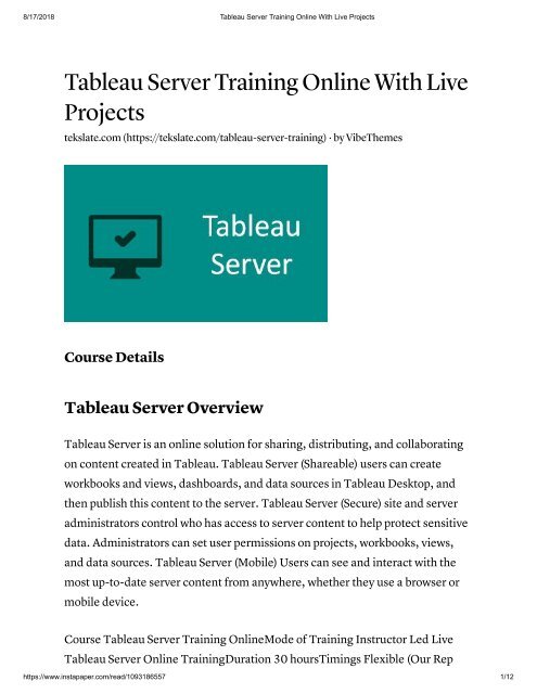 Tableau Server Training Online With Live Projects