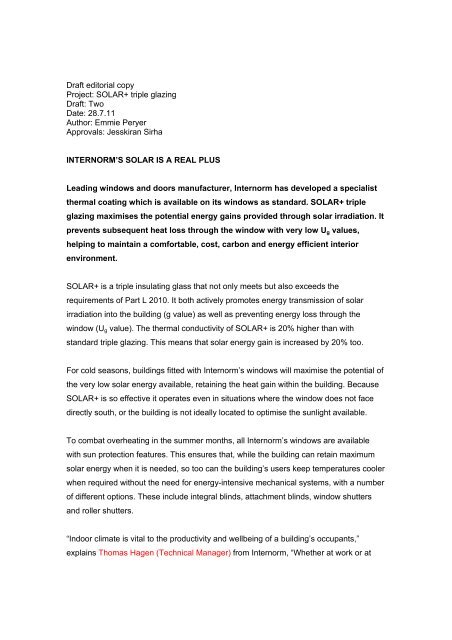 Draft editorial copy Project: SOLAR+ triple glazing Draft: Two Date ...