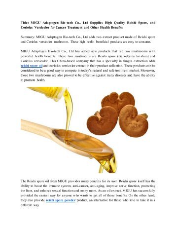MIGU Adaptogen Bio-tech Co., Ltd Supplies High Quality Reishi Spore, and Coriolus Versicolor for Cancer Treatment and Other Health Benefits