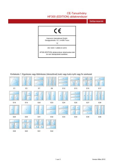 CE-Tanusítvány HF300 (EDITION) ablakrendszer -  Internorm ...