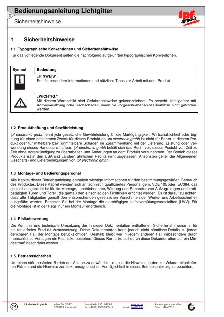 Bedienungsanleitung Lichtgitter - IPF Electronic GmbH