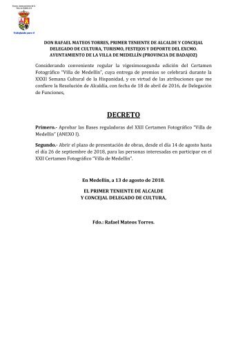 Decreto y Bases Reguladoras del XXII Certamen Fotográfico "Villa de Medellín"