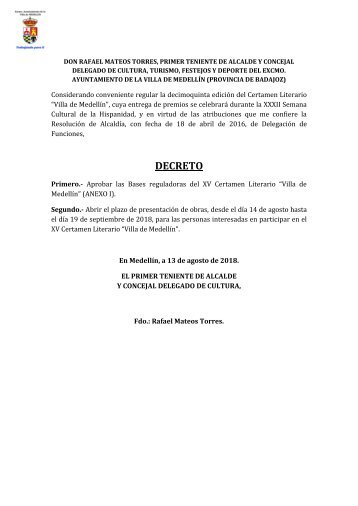 Decreto y Bases Reguladoras del XV Certamen Literario "Villa de Medellín"
