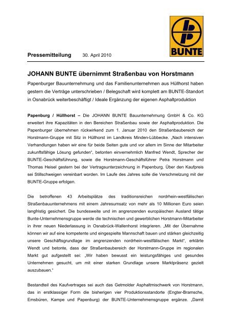 JOHANN BUNTE übernimmt Straßenbau von Horstmann