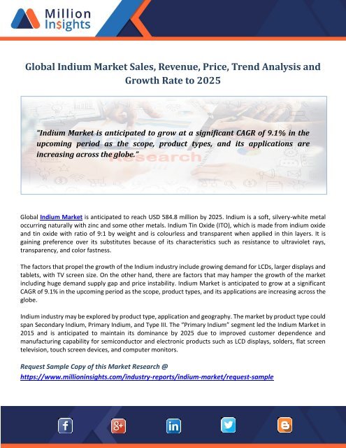 Indium Market Sales, Revenue, Price, Trend Analysis and Growth Rate to 2025