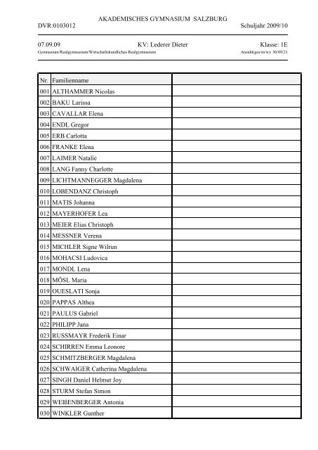 AKADEMISCHES GYMNASIUM SALZBURG DVR:0103012 Schuljahr