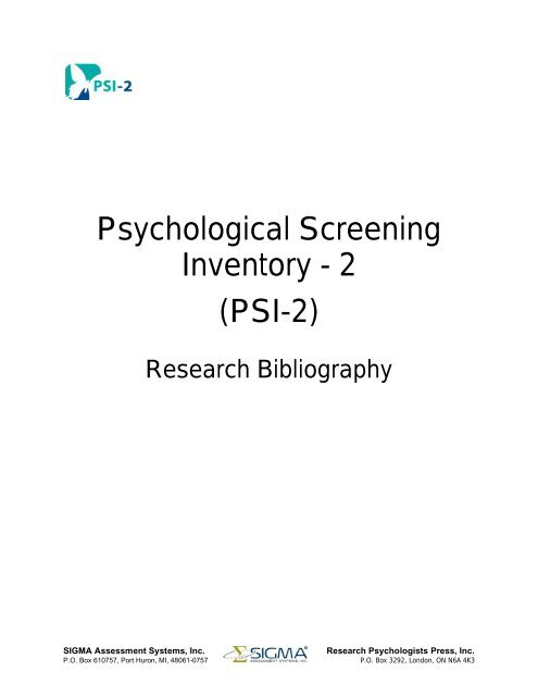 Psychological Screening Inventory - 2 (PSI-2) - Sigma Assessment ...