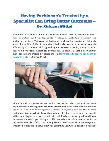 Having Parkinsons Treated By A Specialist Can Bring Better Outcomes