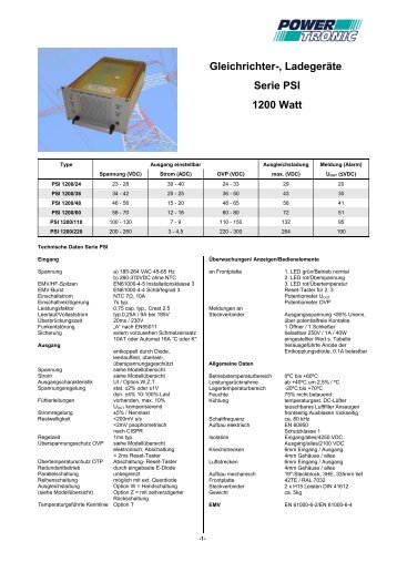 Gleichrichter-, Ladegeräte Serie PSI 1200 Watt - Powertronic