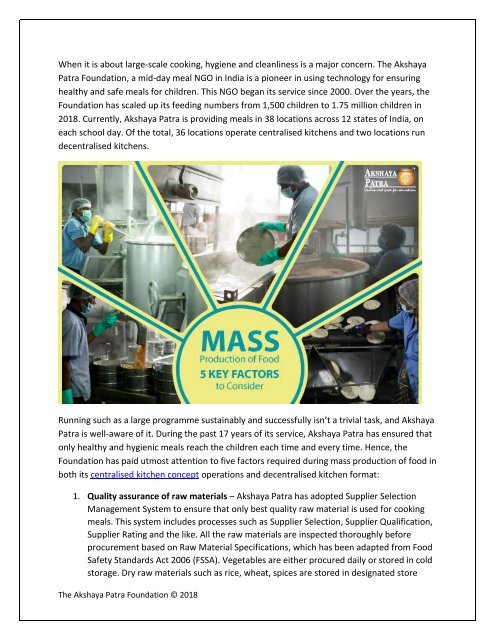 Factors to consider during mass production of food