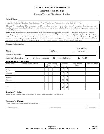 Form PS-010: Record of Previous Education and Training - Texas ...