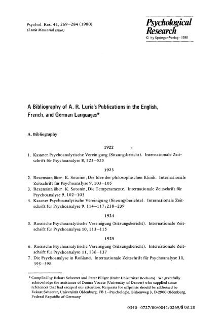 A bibliography of A. R. Luria's publications in the English, French ...