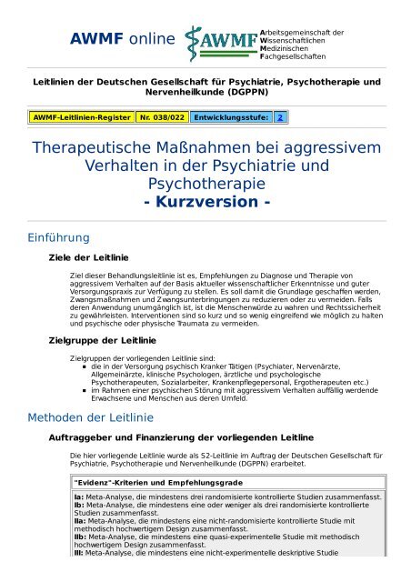 AWMF online - S2-Leitlinie Psychiatrie Kurzversion: Therapie bei ...