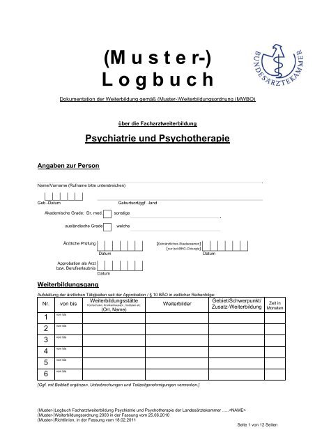 Logbuch FA Psychiatrie und Psychotherapie - Bundesärztekammer