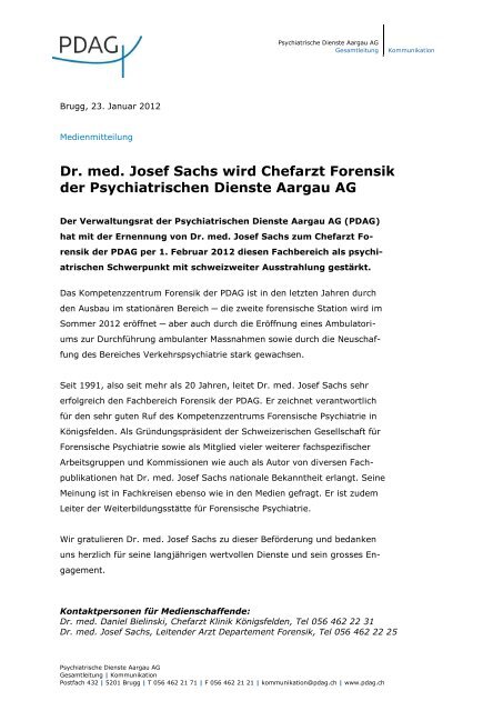 Dr. med. Josef Sachs wird Chefarzt Forensik - Pdag