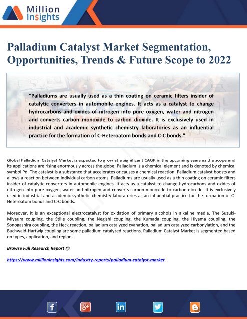Palladium Catalyst Market Segmentation, Opportunities, Trends &amp; Future Scope to 2022