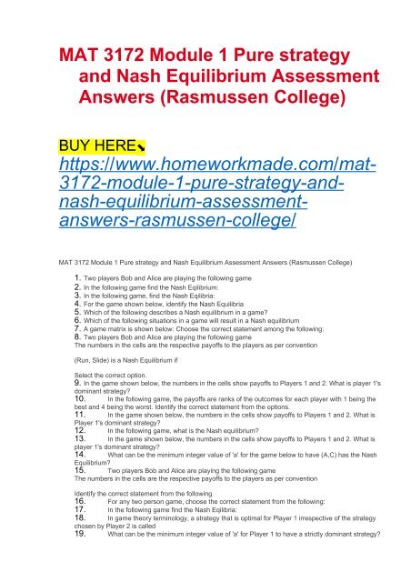 MAT 3172 Module 1 Pure strategy and Nash Equilibrium Assessment Answers (Rasmussen College)