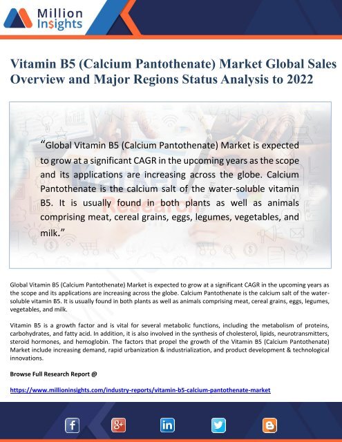 Vitamin B5 (Calcium Pantothenate) Market Global Sales Overview and Major Regions Status Analysis to 2022