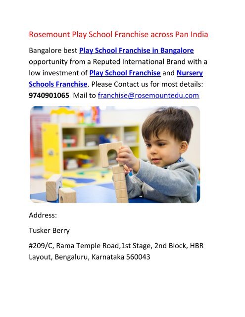 Play School Franchise In Bangalore 