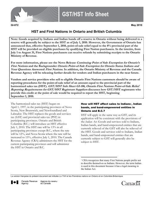 GST/HST Info Sheet - Agence du revenu du Canada