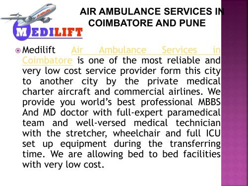 Get Hi-tech ICU emergency Air Ambulance Services in Coimbatore and Pune by Medilift