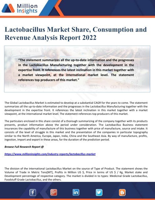Lactobacillus Market Share, Consumption and Revenue Analysis Report 2022