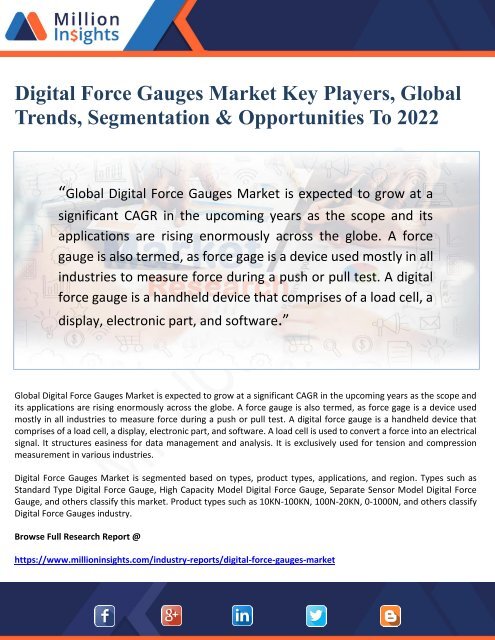 Digital Force Gauges Market Key Players, Global Trends, Segmentation &amp; Opportunities To 2022