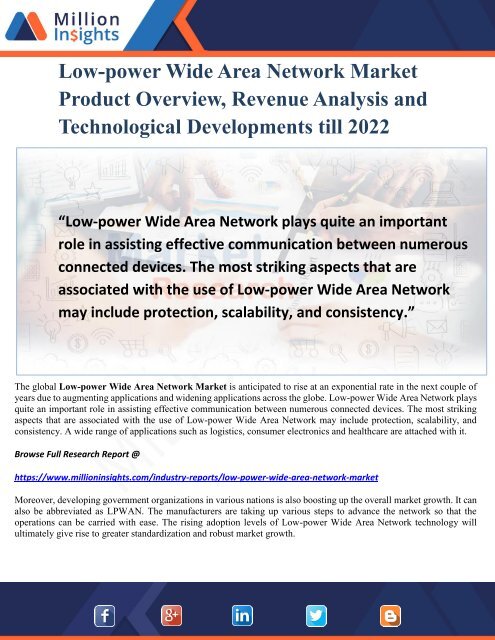 Low-power Wide Area Network Market Product Overview, Revenue Analysis and Technological Developments till 2022