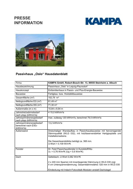 Kampa Presseinfo Passivhaus Oslo Hausdatenblatt