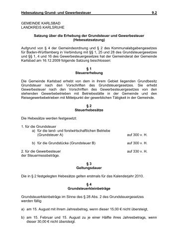 Hebesatzung Grundsteuer und Gewerbesteuer - Gemeinde Karlsbad