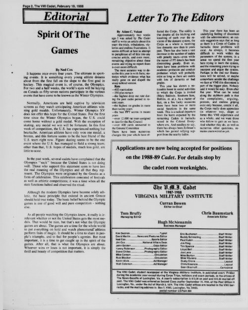 The Cadet. VMI Newspaper. February 19, 1988 - New Page 1 ...