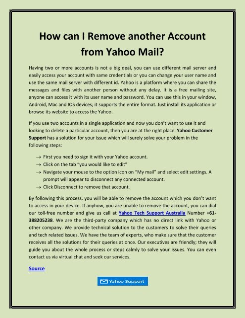How can I Remove another Account from Yahoo Mail?