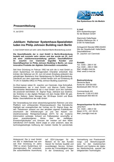 Pressemitteilung - IC Med EDV-Systemlösungen für die Medizin ...