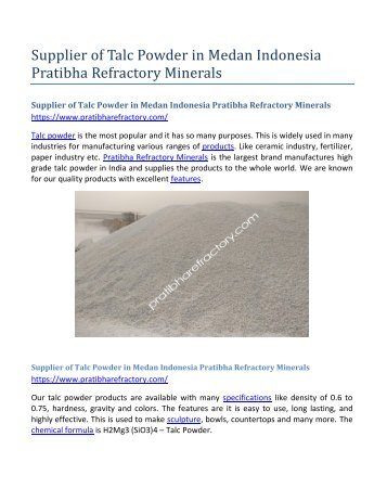 Supplier of Talc Powder in Medan Indonesia Pratibha Refractory Minerals