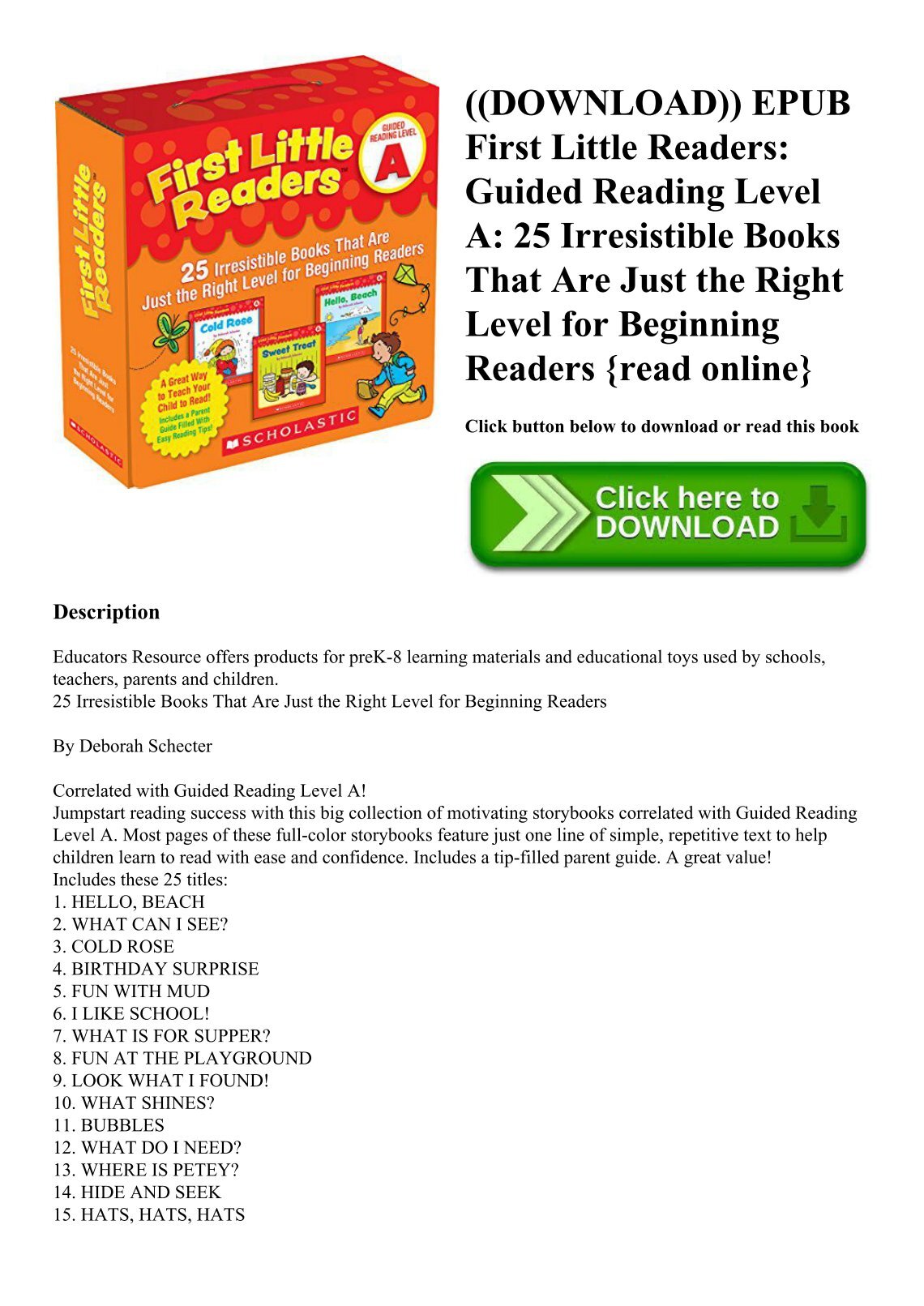 daltonfeeney. English; |; 3 Documents; |; 0 Views. ((DOWNLOAD)) EPUB First Little Readers Guided Reading Level A 25 Irresistible Books