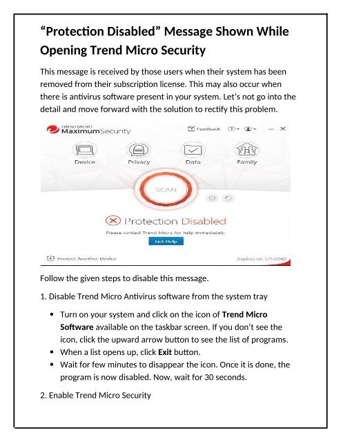  “Protection Disabled” Message Shown While Opening Trend Micro Security