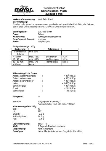 Produktspezifikation Kartoffelecken, frisch 20x30x5 ... - Gemüse Meyer