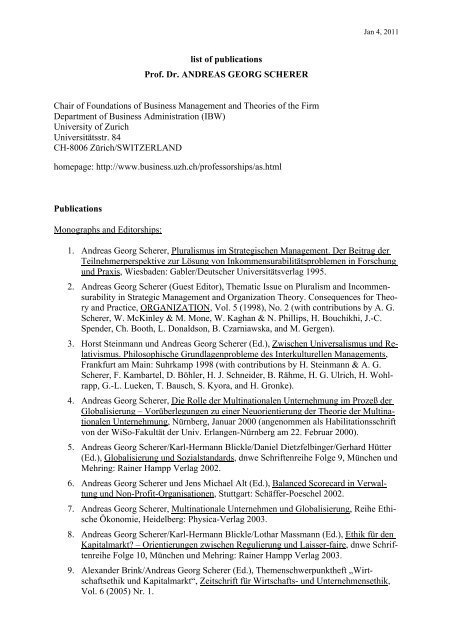 list of publications Prof. Dr. ANDREAS GEORG SCHERER Chair of ...