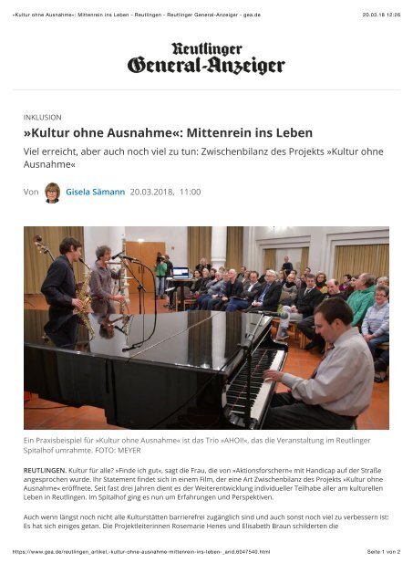 Kultur ohne Ausnahme«: Mittenrein ins Leben - Reutlingen - Reutlinger General-Anzeiger - gea.de