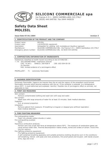 Safety Data Sheet MOLISIL SILICONI COMMERCIALE spa