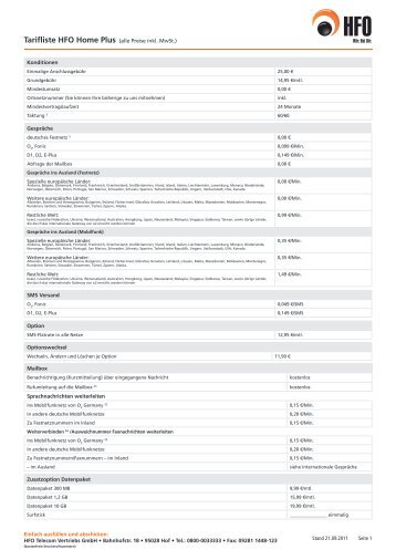 Tarifliste HFO Home Plus (alle Preise inkl. MwSt.) - HFO Telecom AG