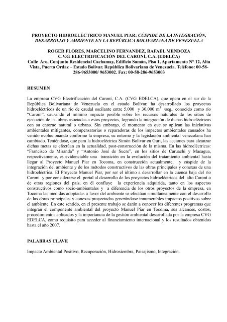 proyecto hidroeléctrico manuel piar - Comité Argentino de Presas