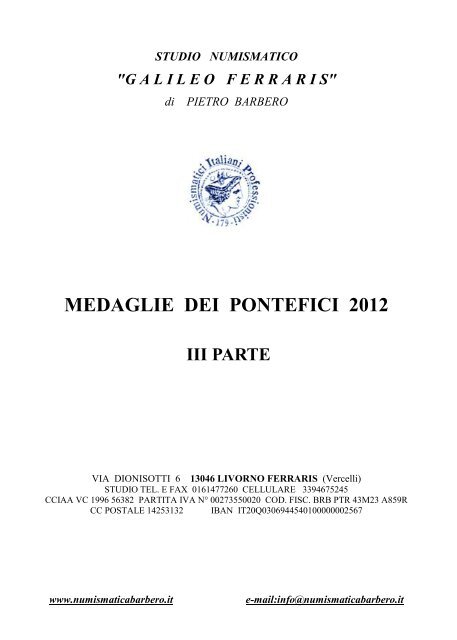 MEDAGLIE DEI PONTEFICI 2012 - Numismatica Barbero