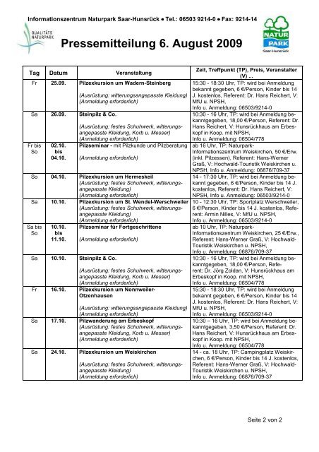 Pressemitteilung 6. August 2009 - Naturpark Saar-Hunsrück